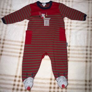 Le Top Baby Boys Reindeer Christmas Footed Romper Red Green Striped 3M